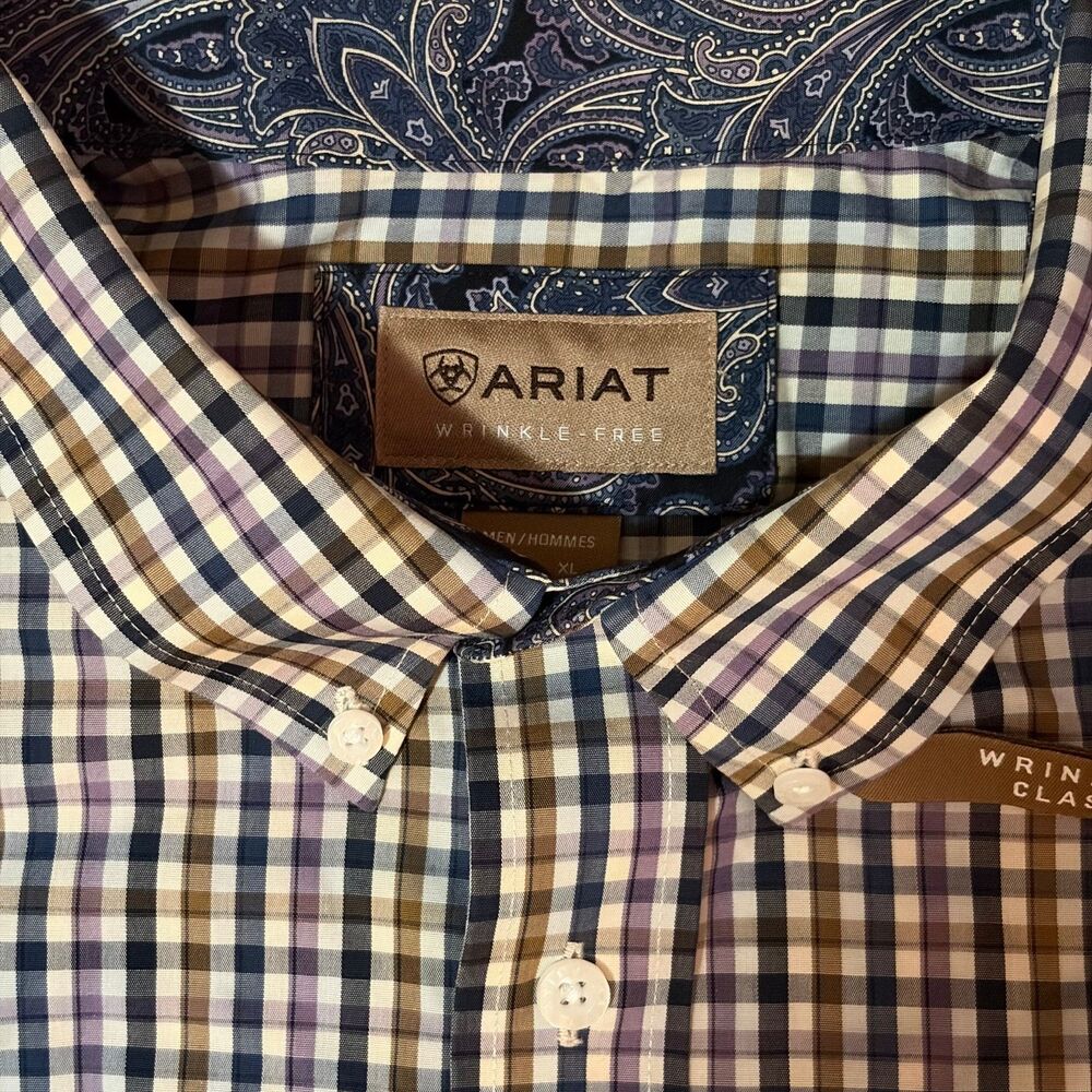 NWT Ariat Shirt Mens XL Purple Plaid Wrinkle Free Paisley Flip Cuff Button Down - Picture 6 of 12